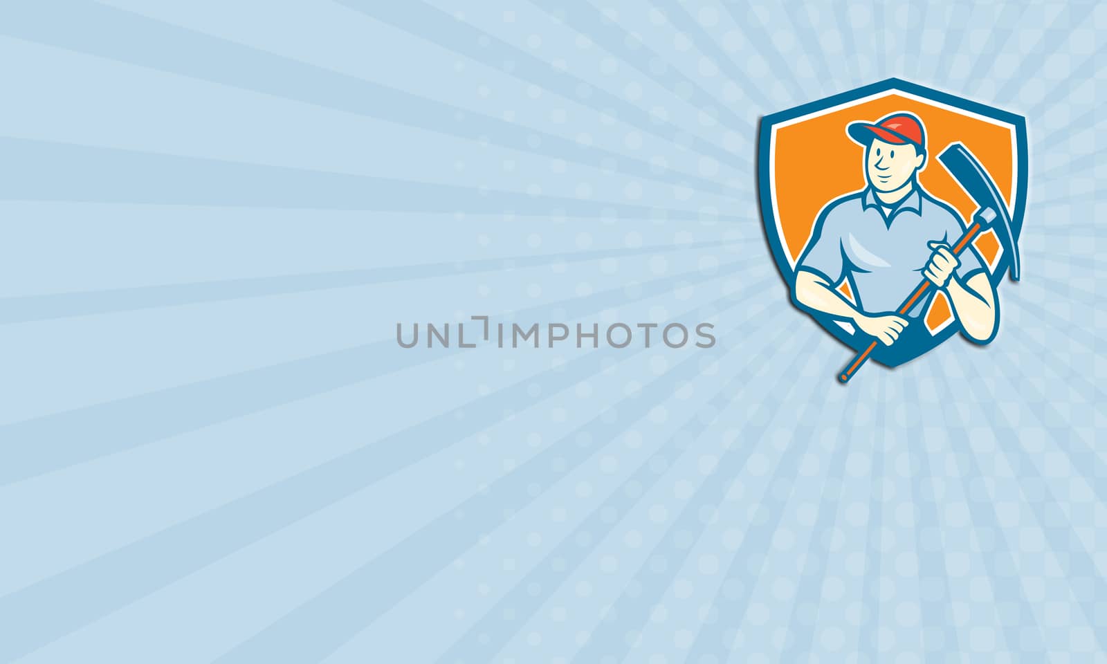 Business card showing illustration of a construction worker wearing hat holding pickaxe set inside shield crest on isolated background done in cartoon style. 