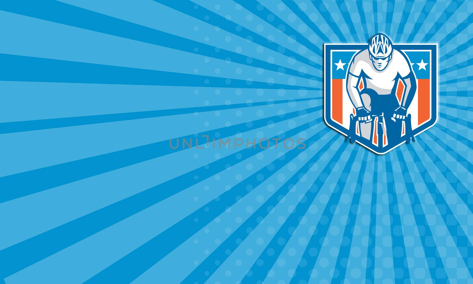 Business card showing illustration of an american cyclist riding racing bicycle cycling facing front set inside shield crest with usa stars and stripes flag in the background done in retro style. 