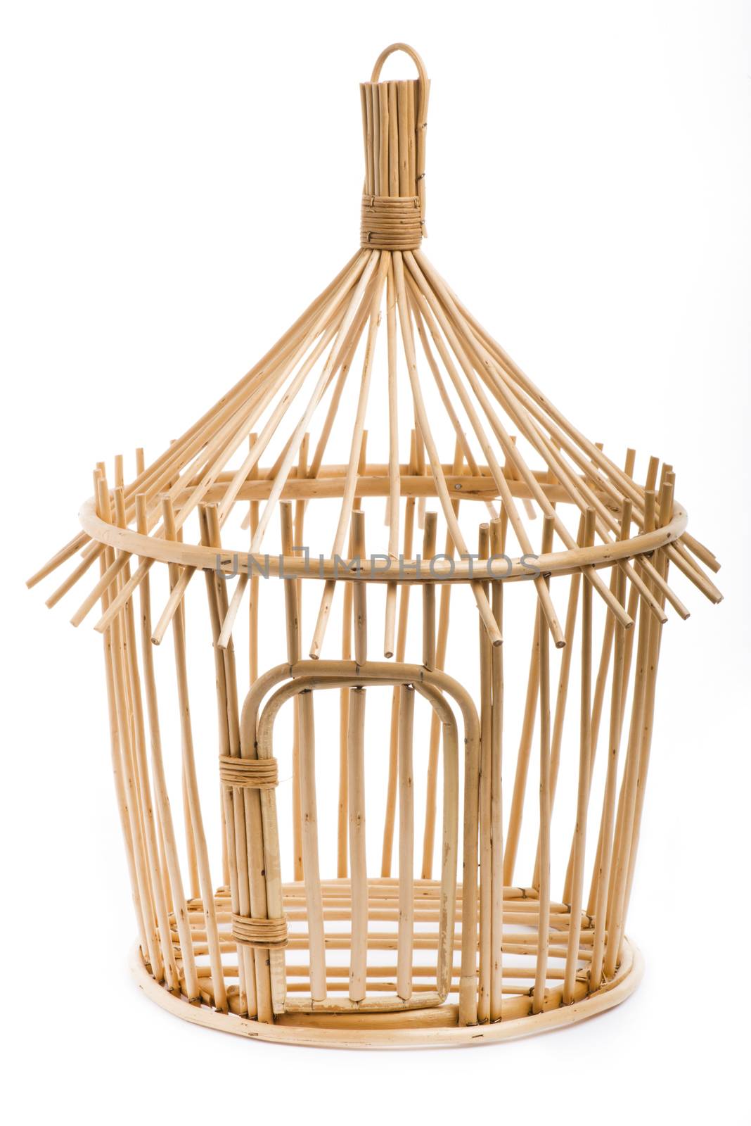 Light wooden bird cage on white background by marius_dragne