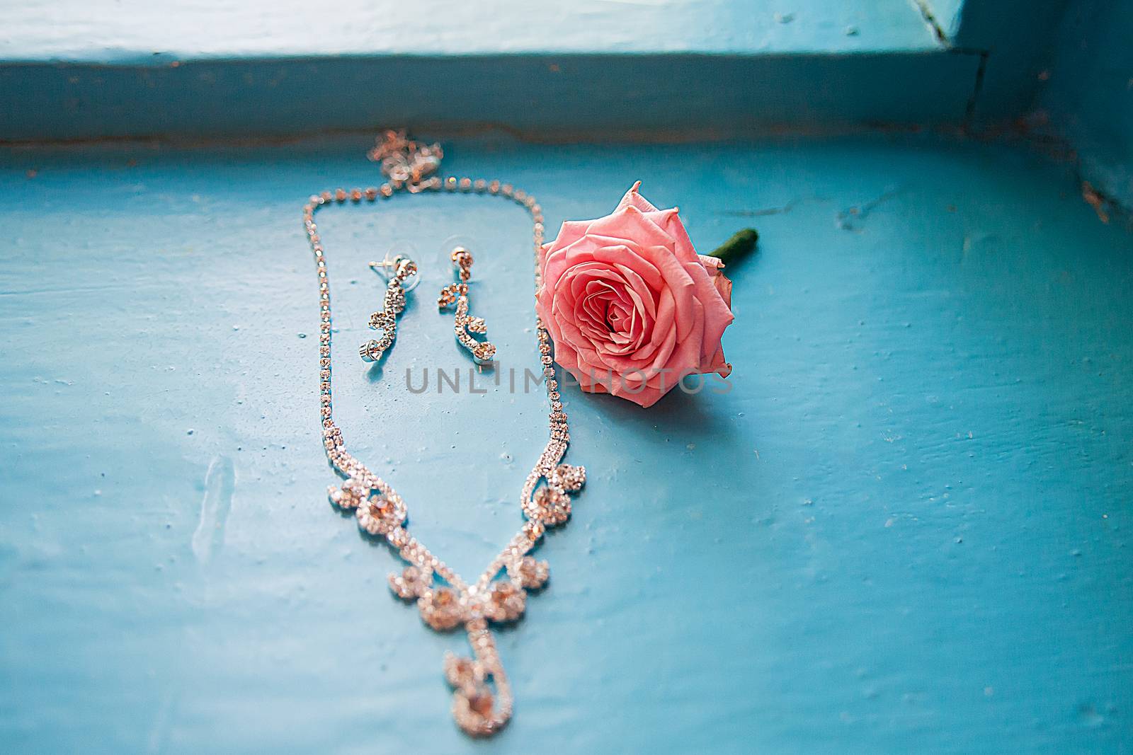 elegant rose with necklace and earrings on a blue background