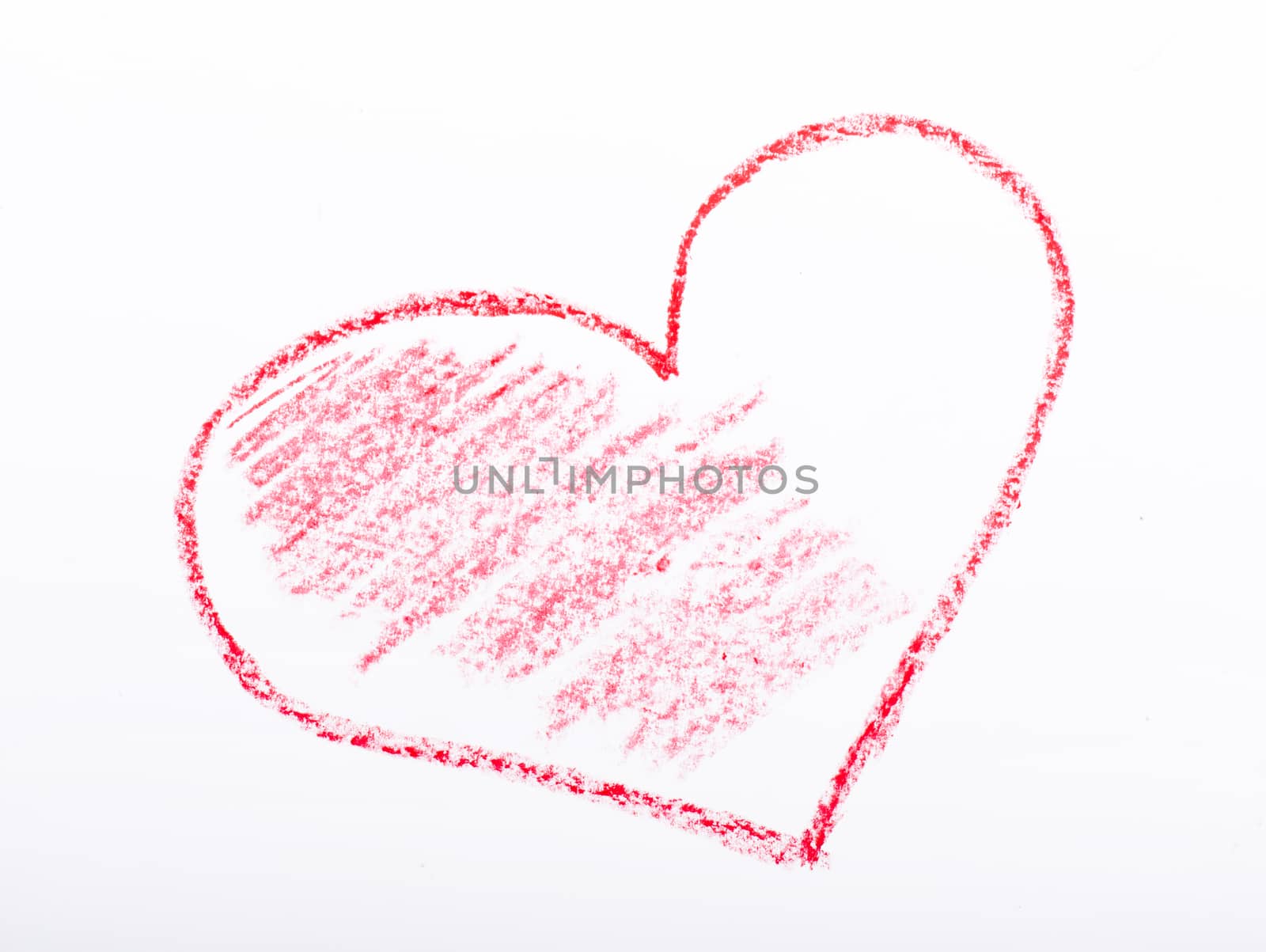 Closeup of a red pencil drawing a heart. On white paper.