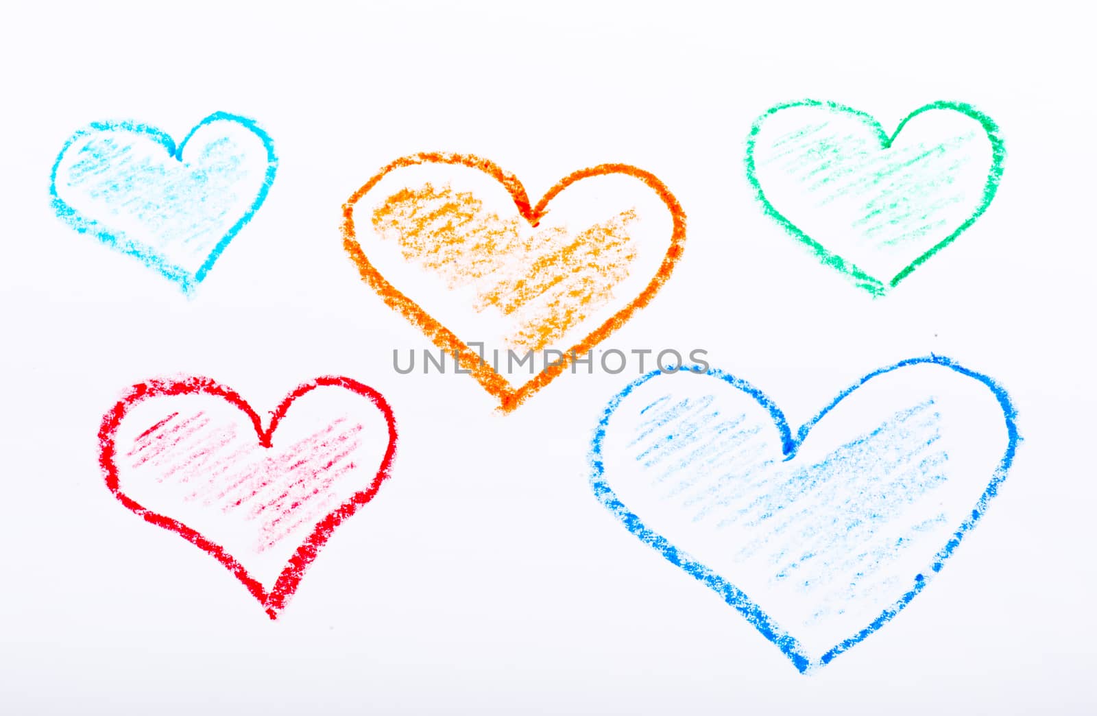 Pencil drawn hearts with different colours on white paper by marius_dragne