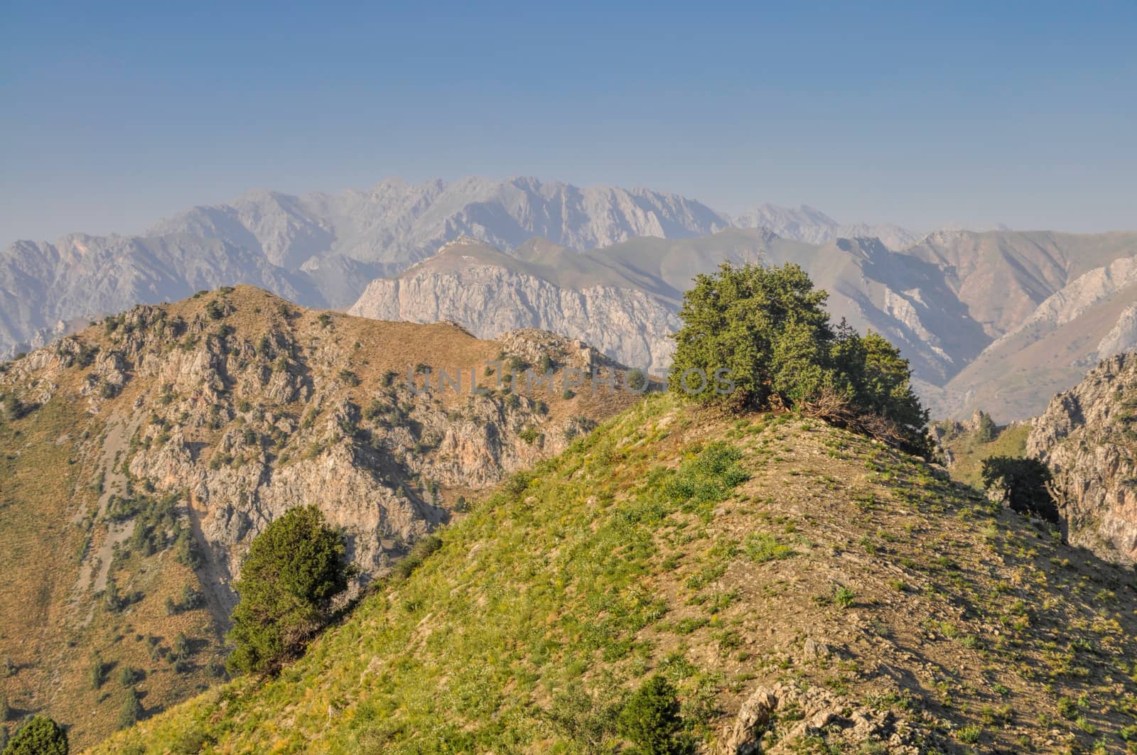 Scenic landscape of Tian Shan mountain range near Chimgan  in Uzbekistan