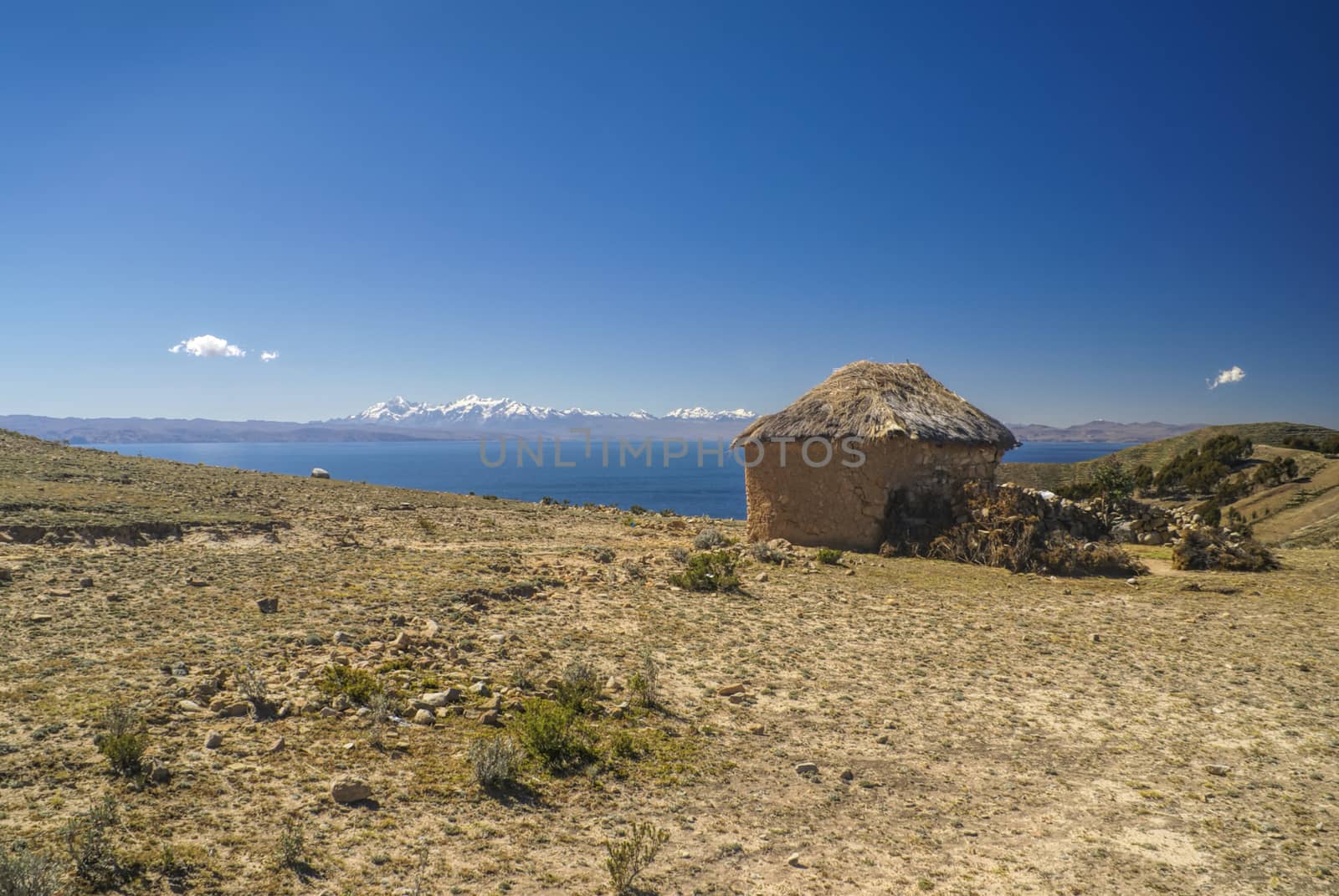 Scenic old hut on Isla del Sol, island on lake Titicaca in Bolivia