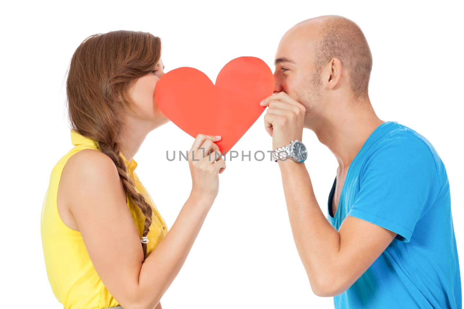 happy young couple in love with red heart valentines day isolated  portrait 