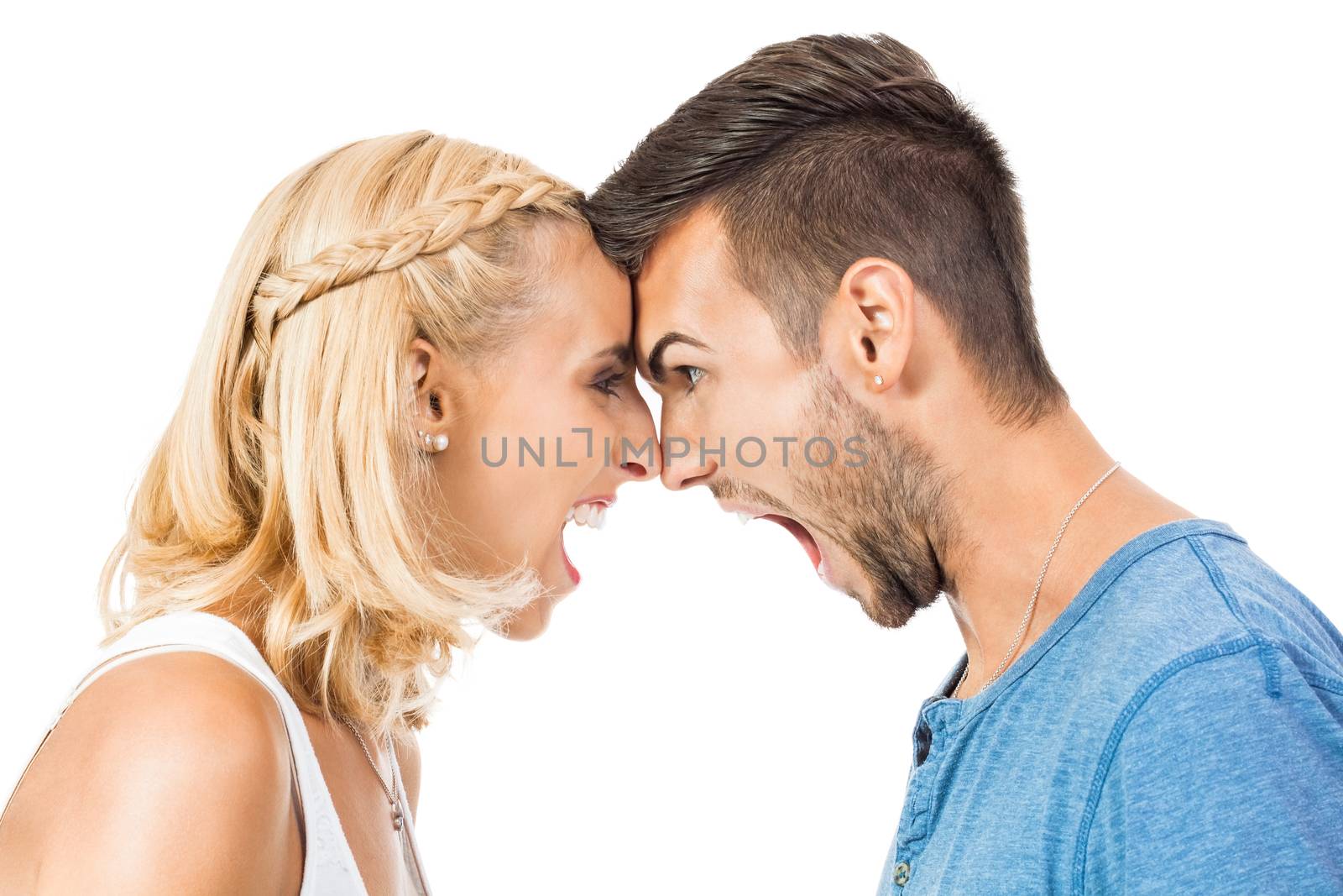 young woman screaming at boyfriend isolated on white