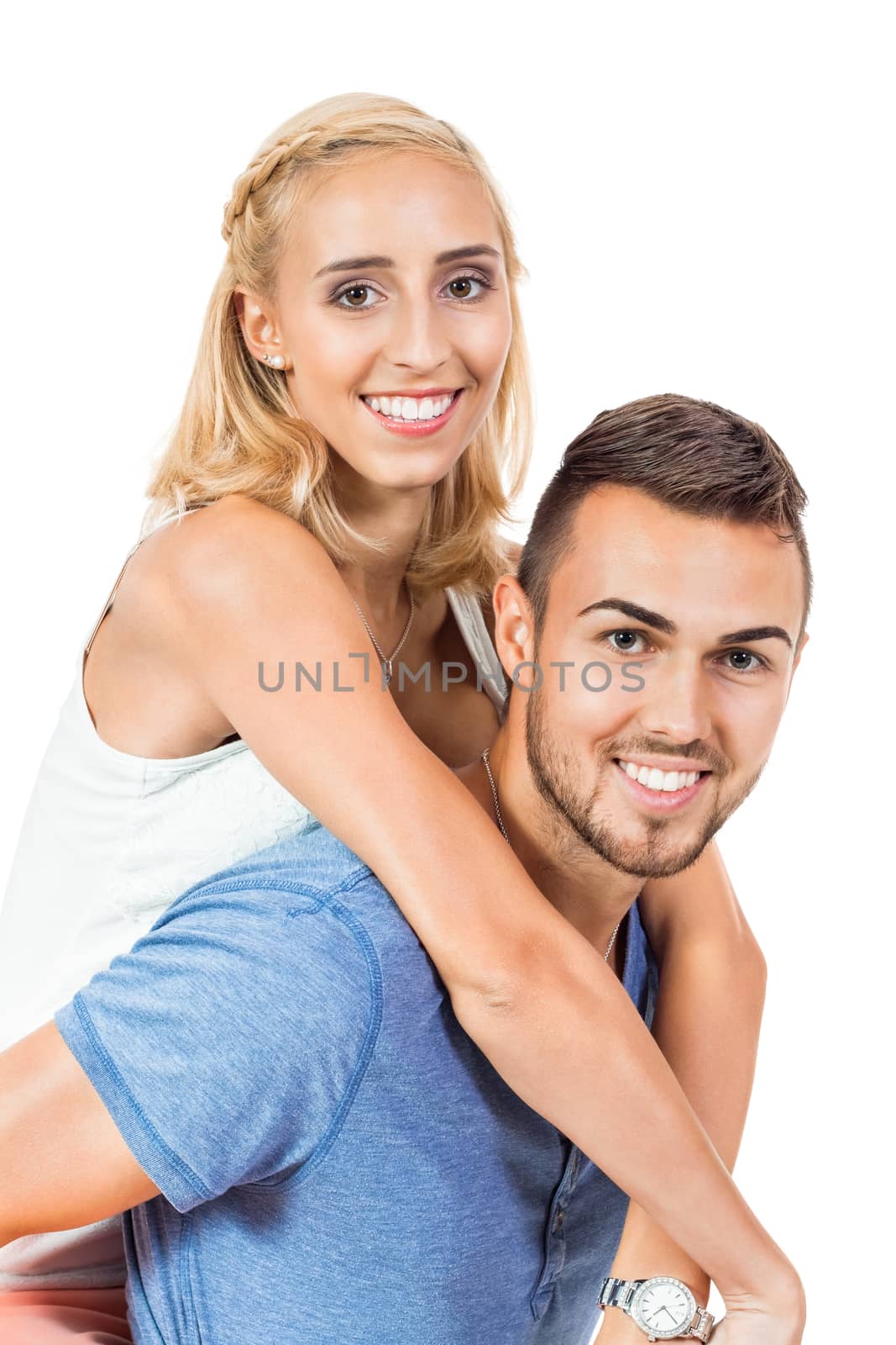 young smiling couple in love portrait isolated on white