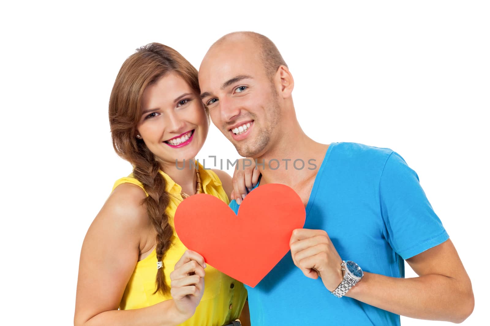 happy young couple in love with red heart valentines day isolated  portrait 