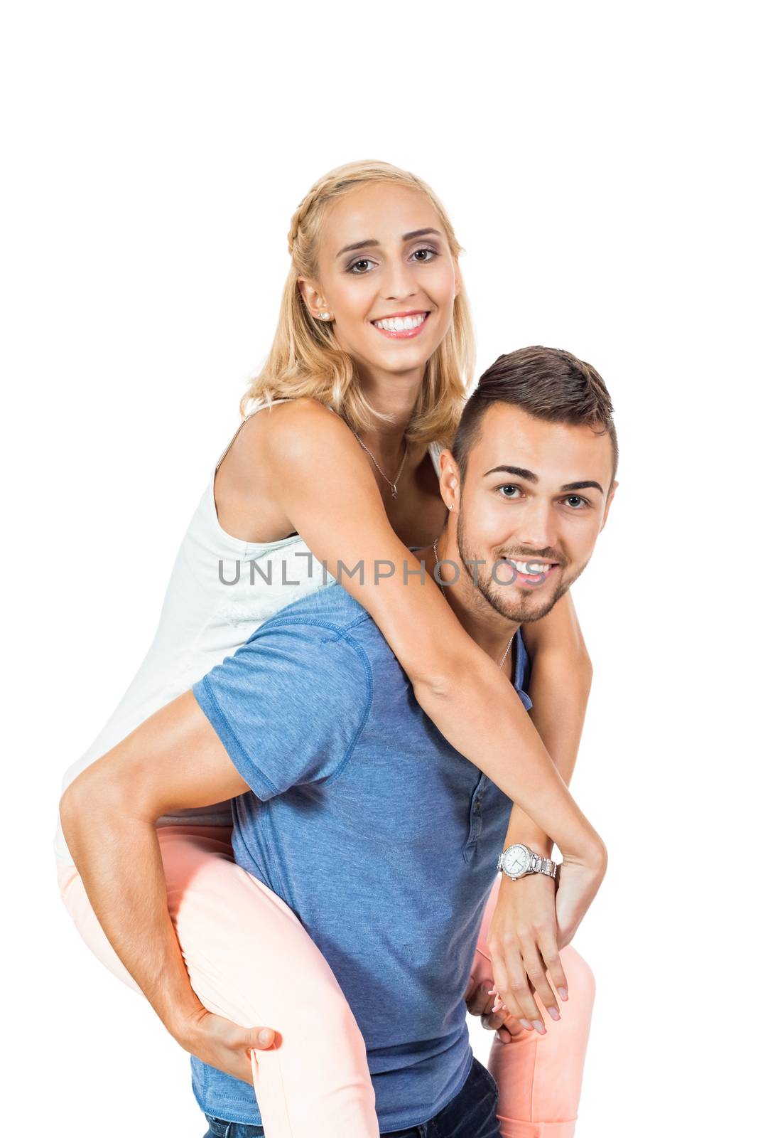 young smiling couple in love portrait isolated on white