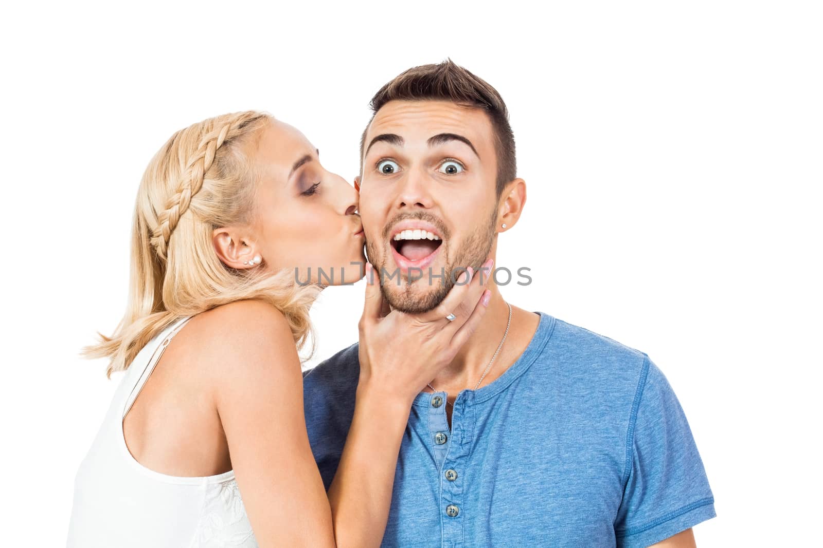 young smiling couple in love portrait isolated on white