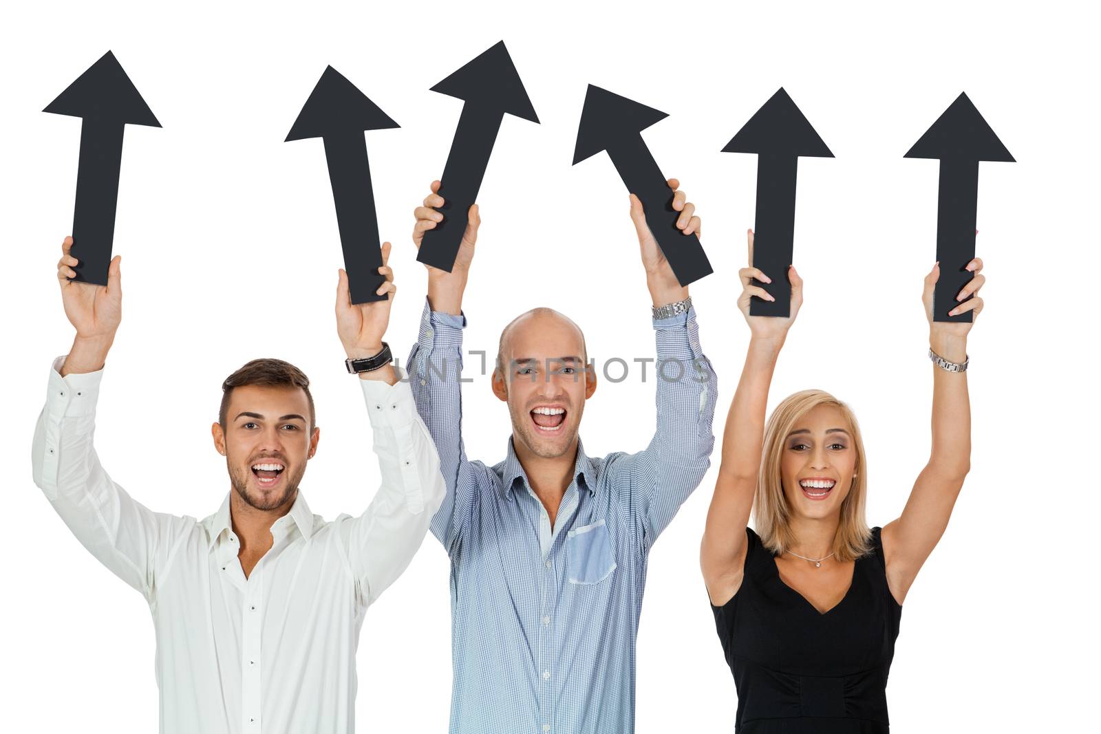 happy people showing up black arrows business team advertising isolated