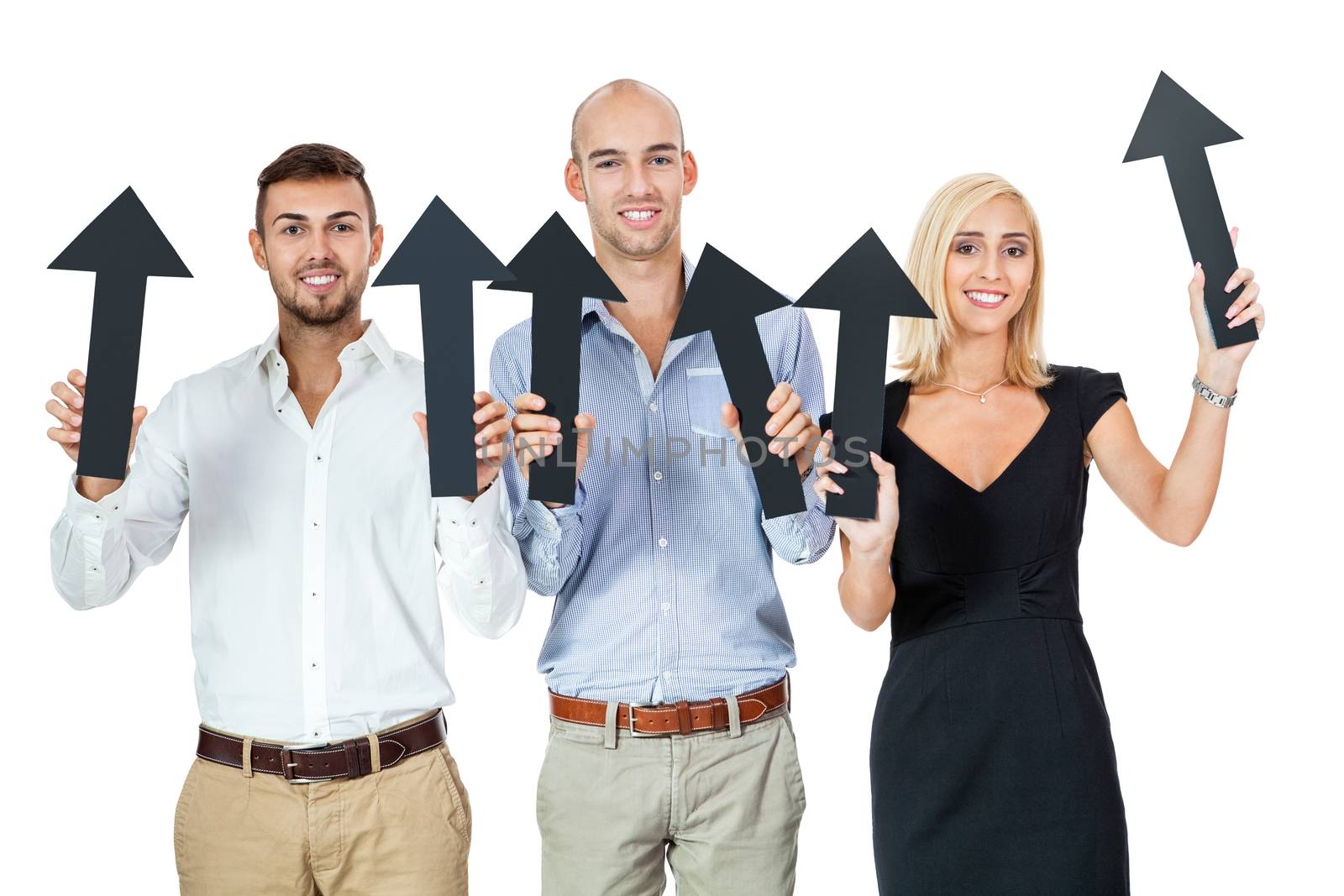 happy people showing up black arrows business team advertising isolated