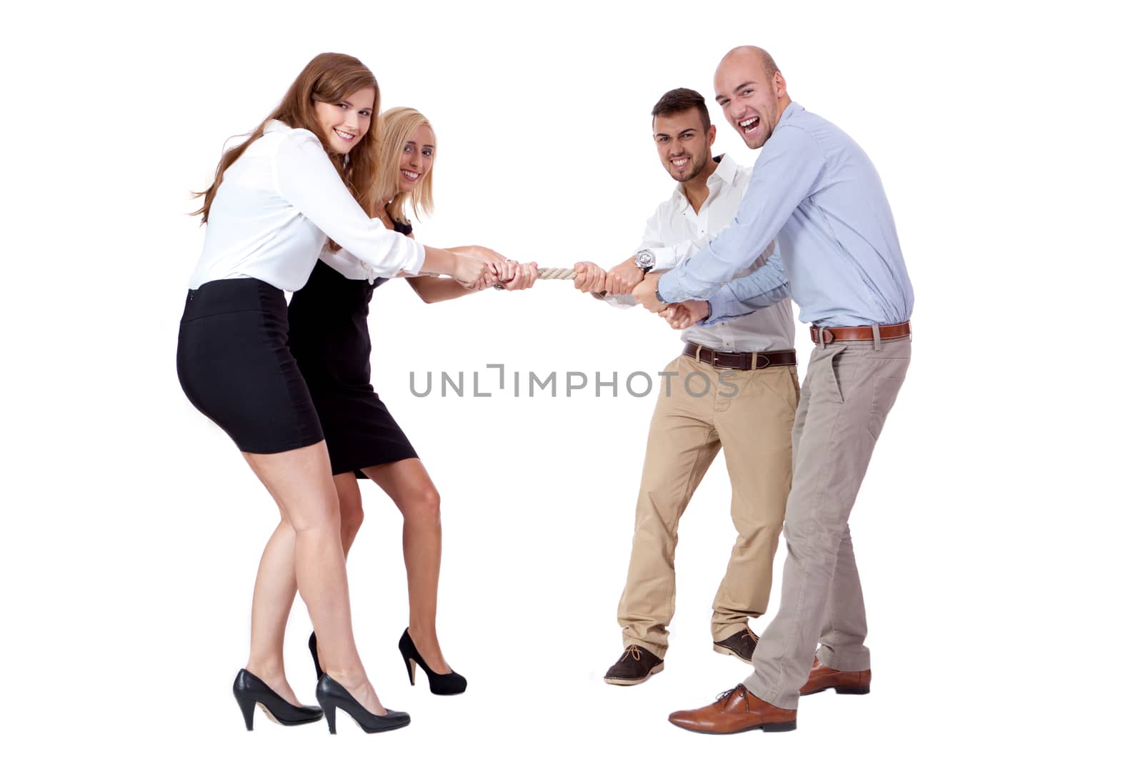 business woman against businessman pulling rope isolated on white