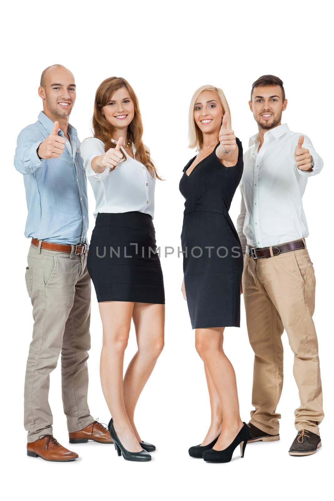 smiling business team group together thumbs up isolated on white 