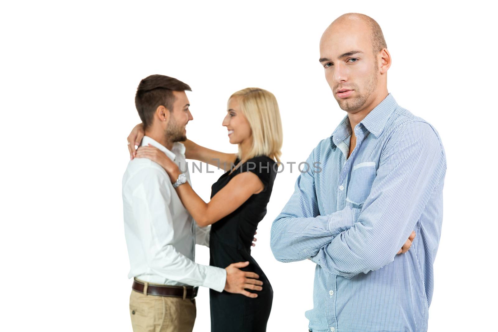 young man unhappy jealous couple behind isolated on white
