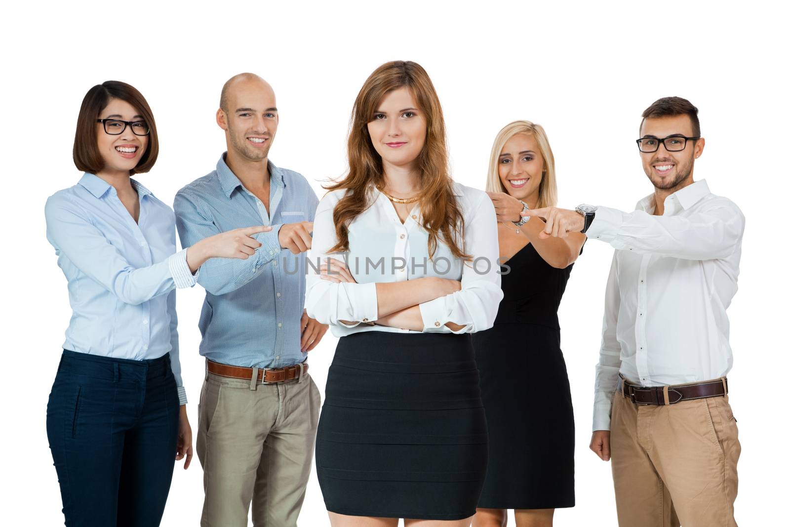team of young business people mobbing bullying collegue isolated on white