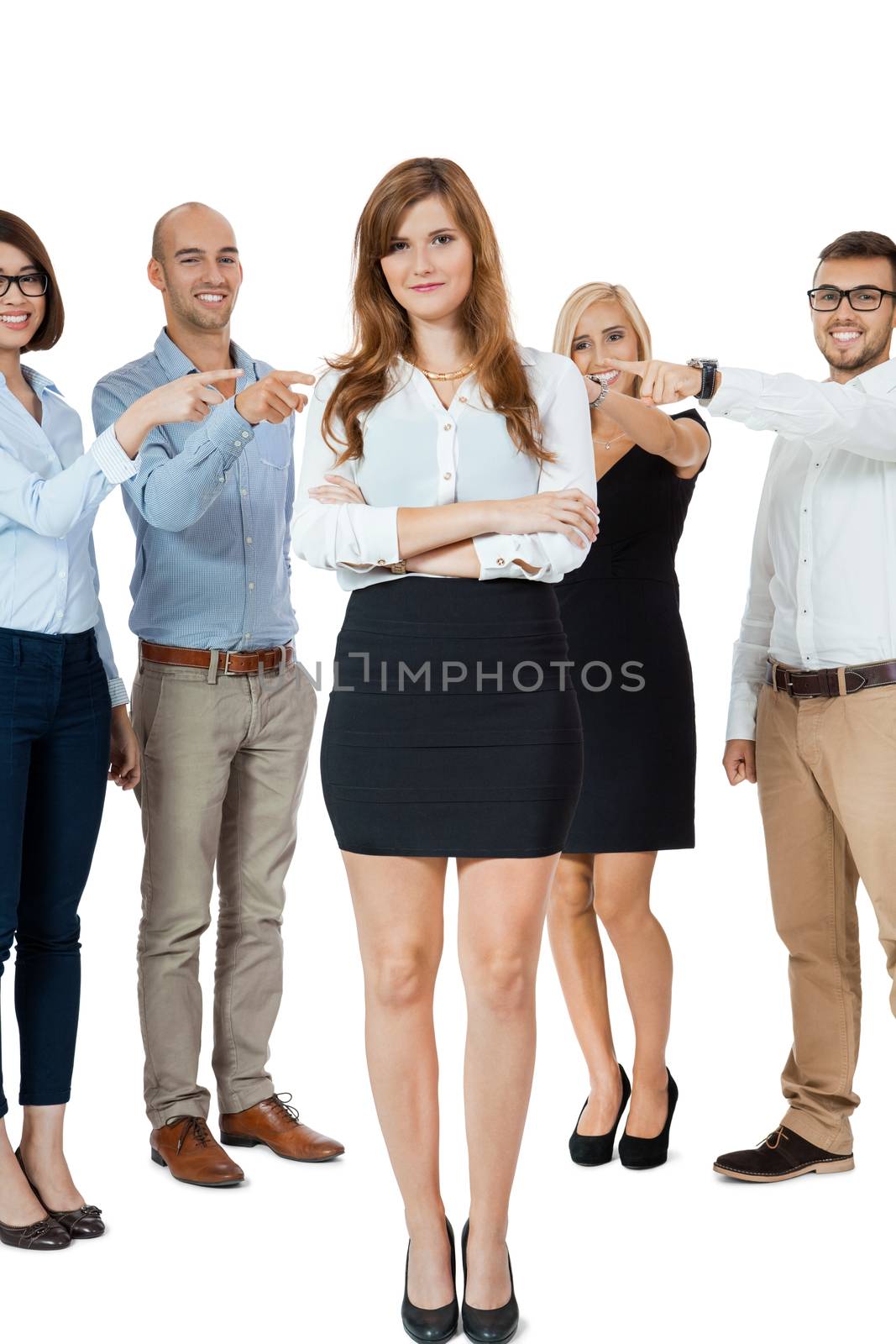 team of young business people mobbing bullying collegue isolated on white