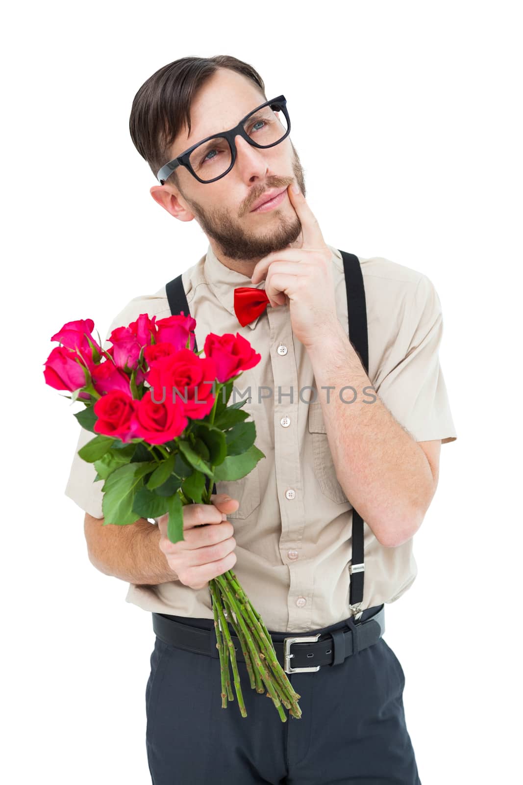 Geeky hipster offering bunch of roses on white background
