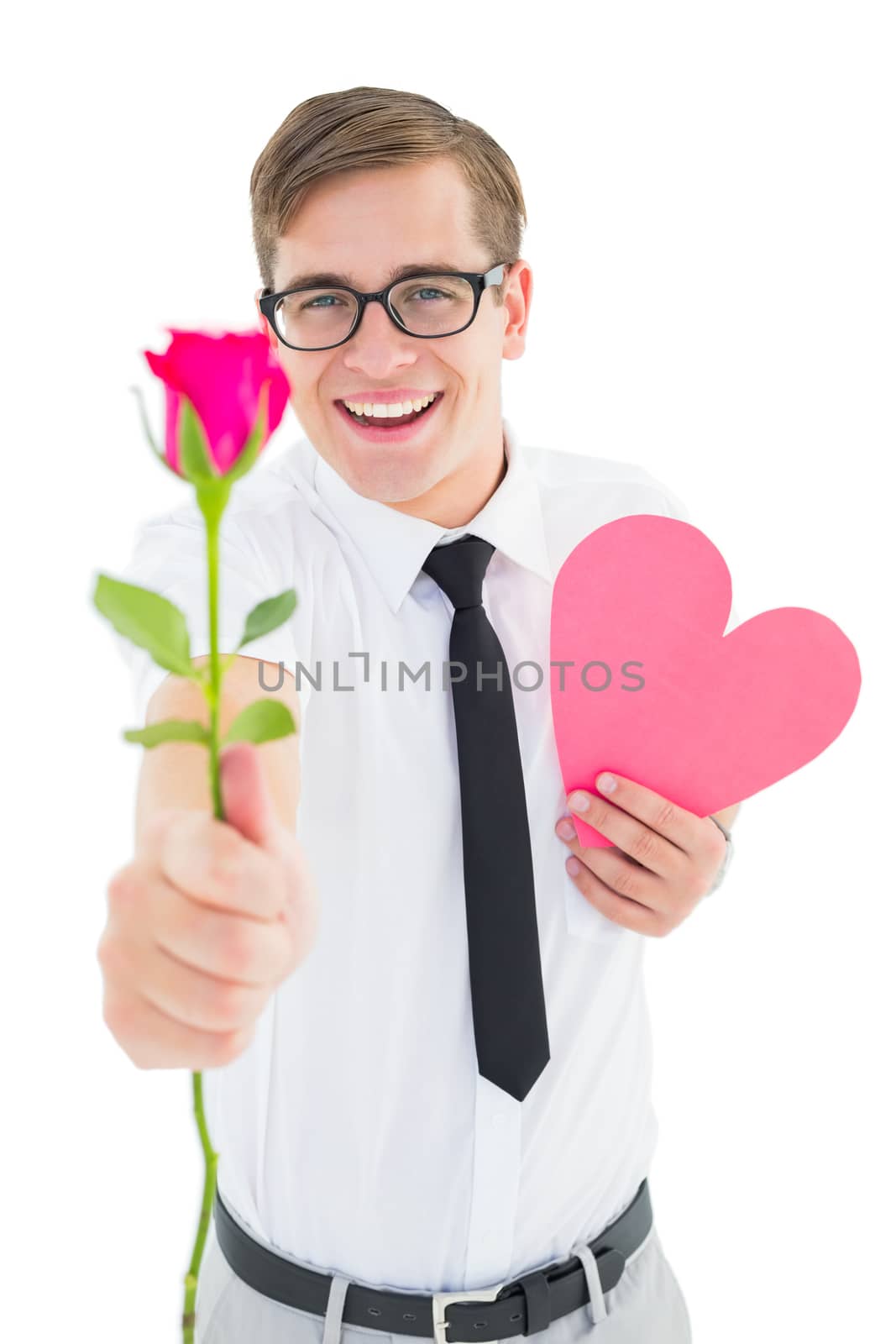 Geeky hipster holding a red rose and heart card by Wavebreakmedia