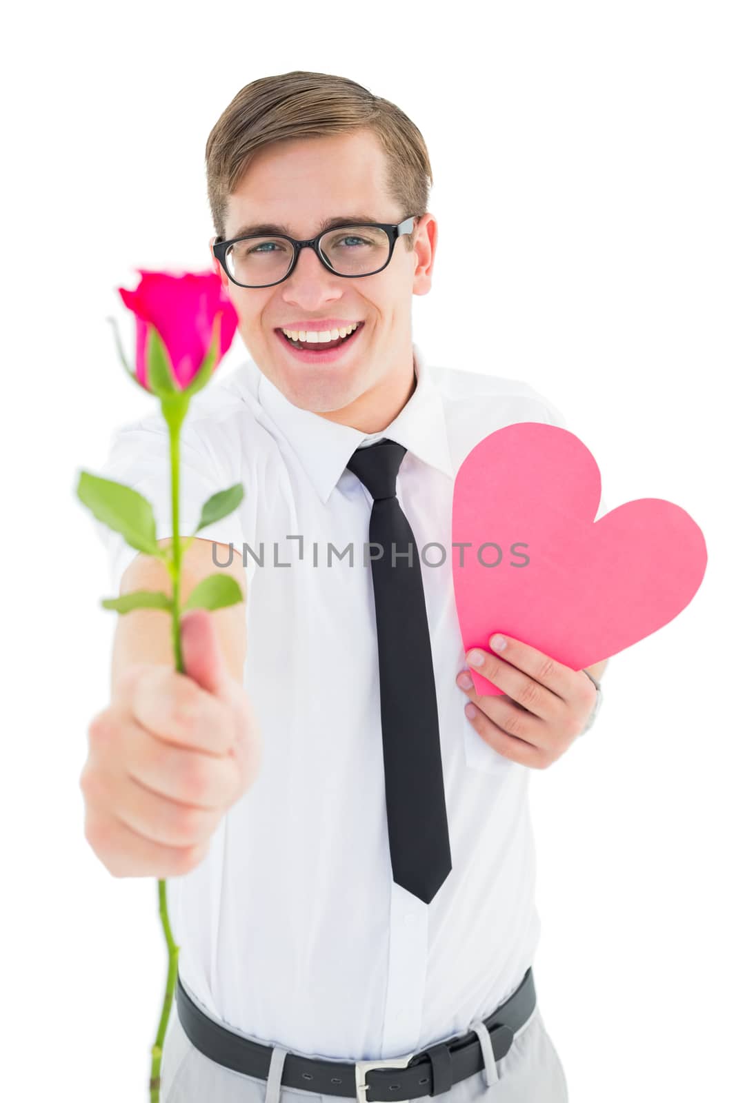 Geeky hipster holding a red rose and heart card on white background