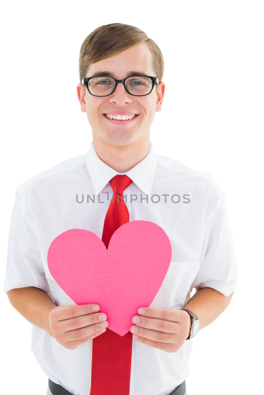 Geeky hipster holding heart card on white background