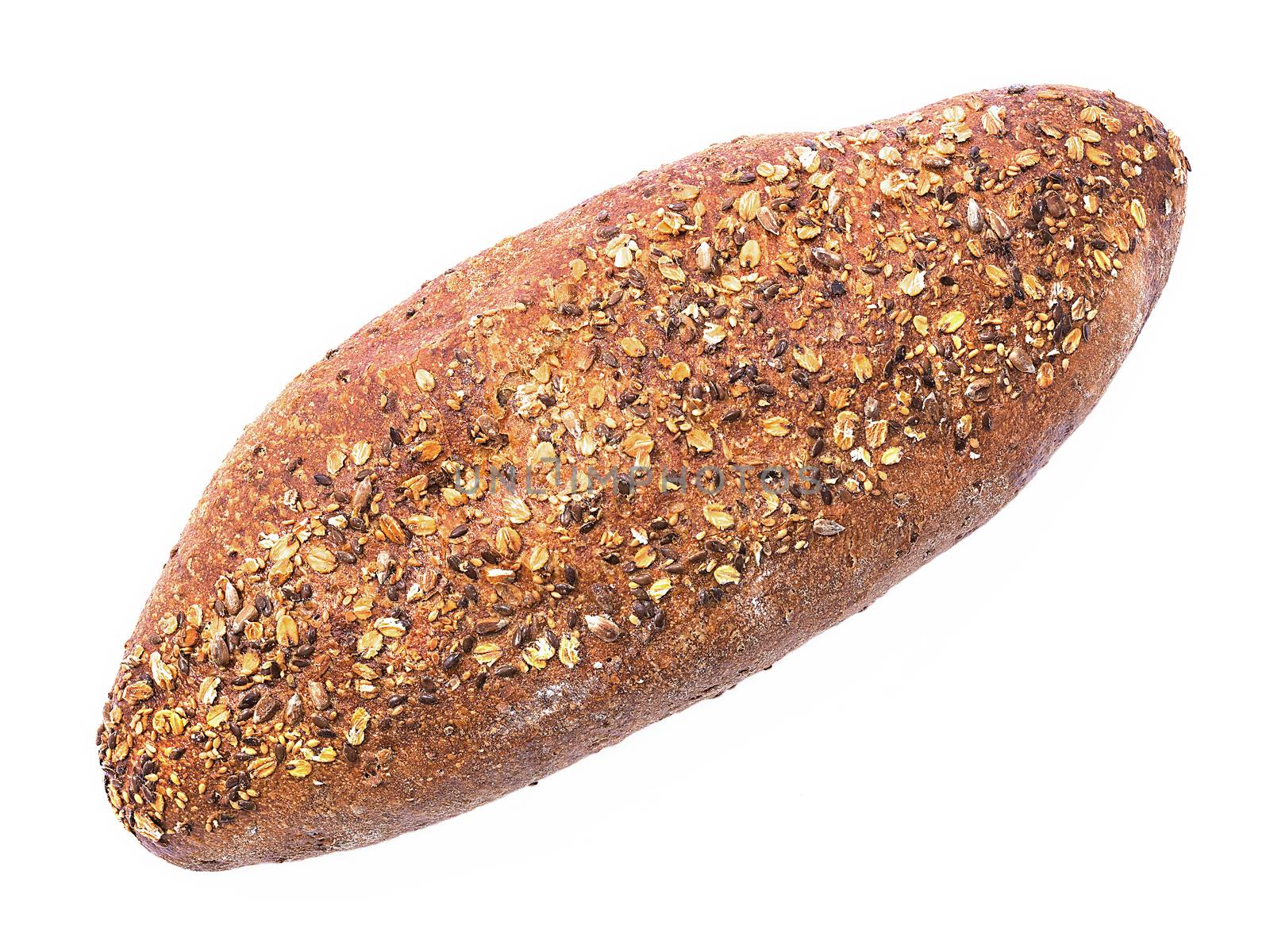 Whole grain bread Loaf over white background shot from above with no shadows