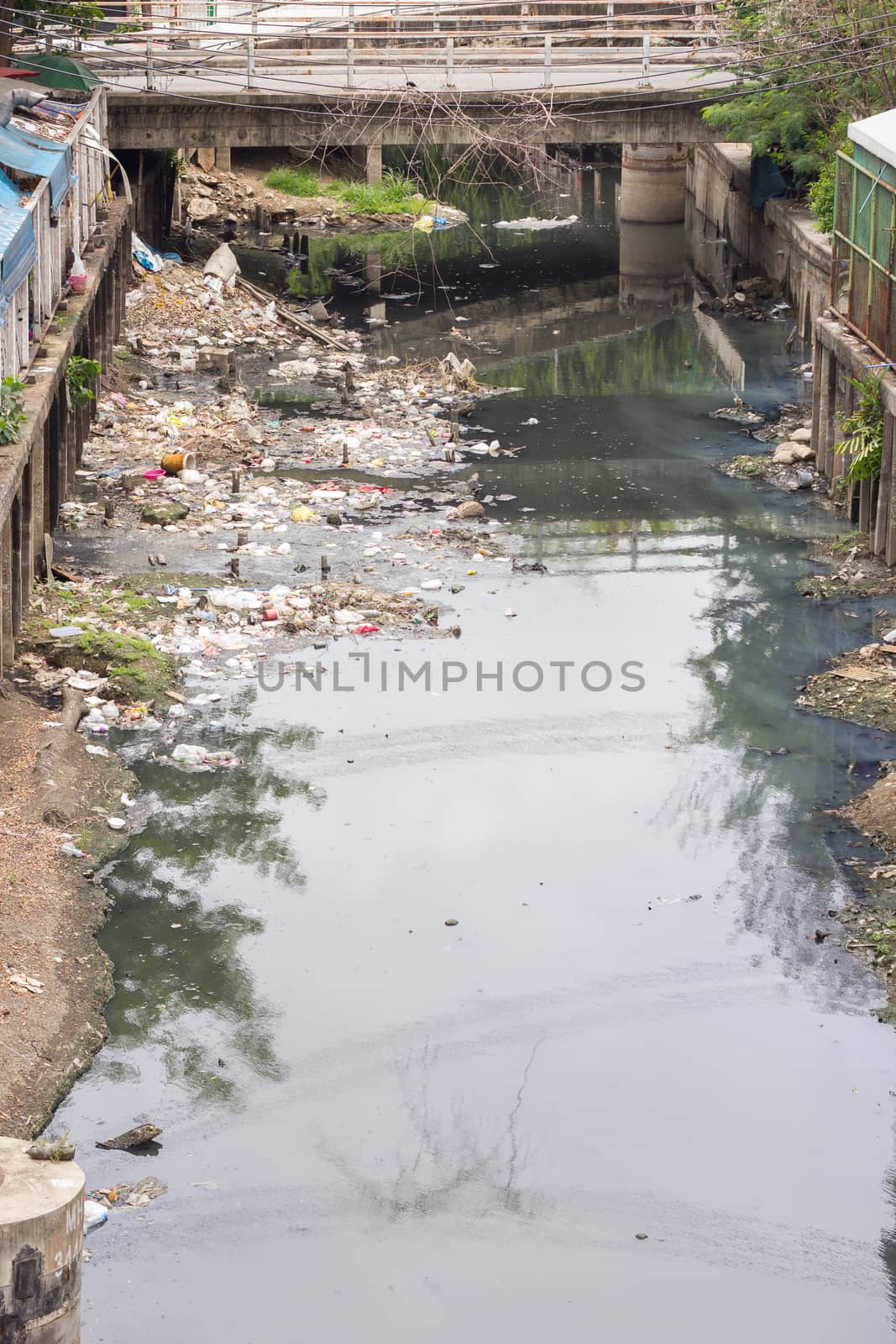 polluted River with rubbish in bangkok Thailand.