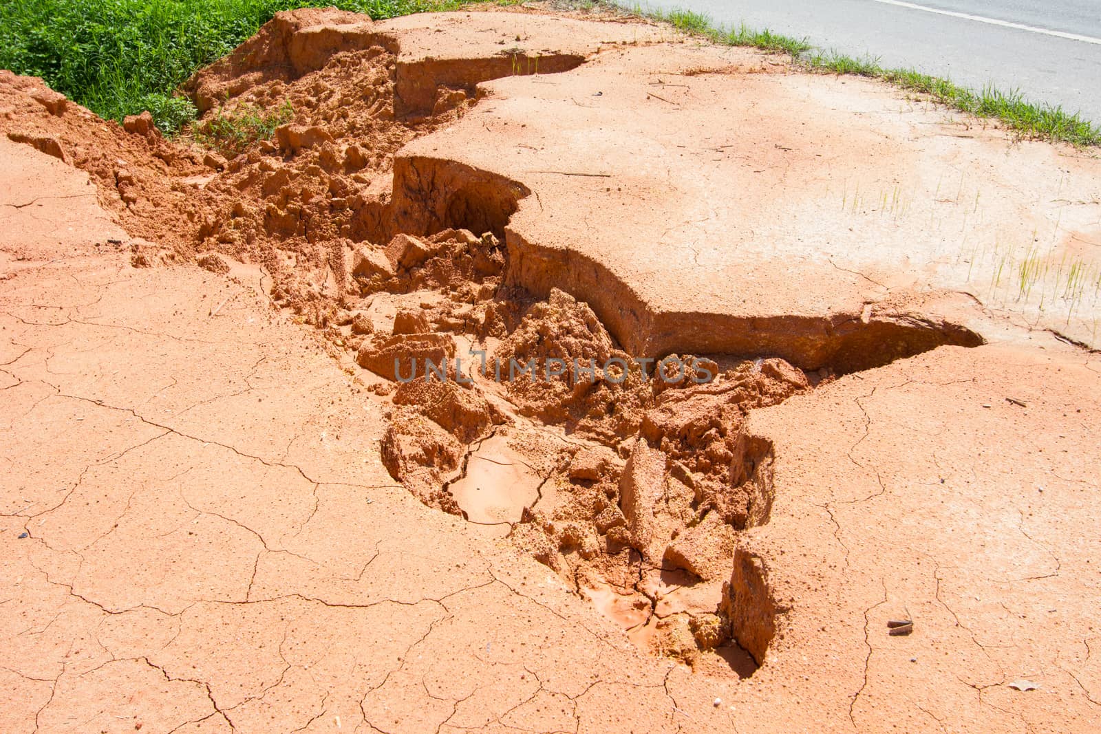 landslide along the road by water and wind in thailand