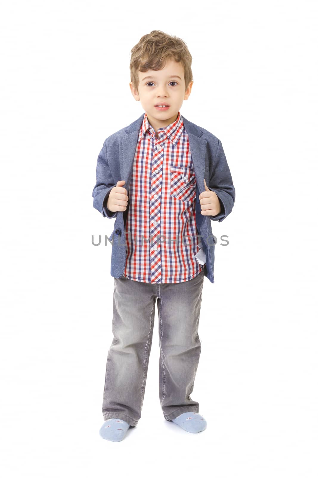 little boy with jacket on white background