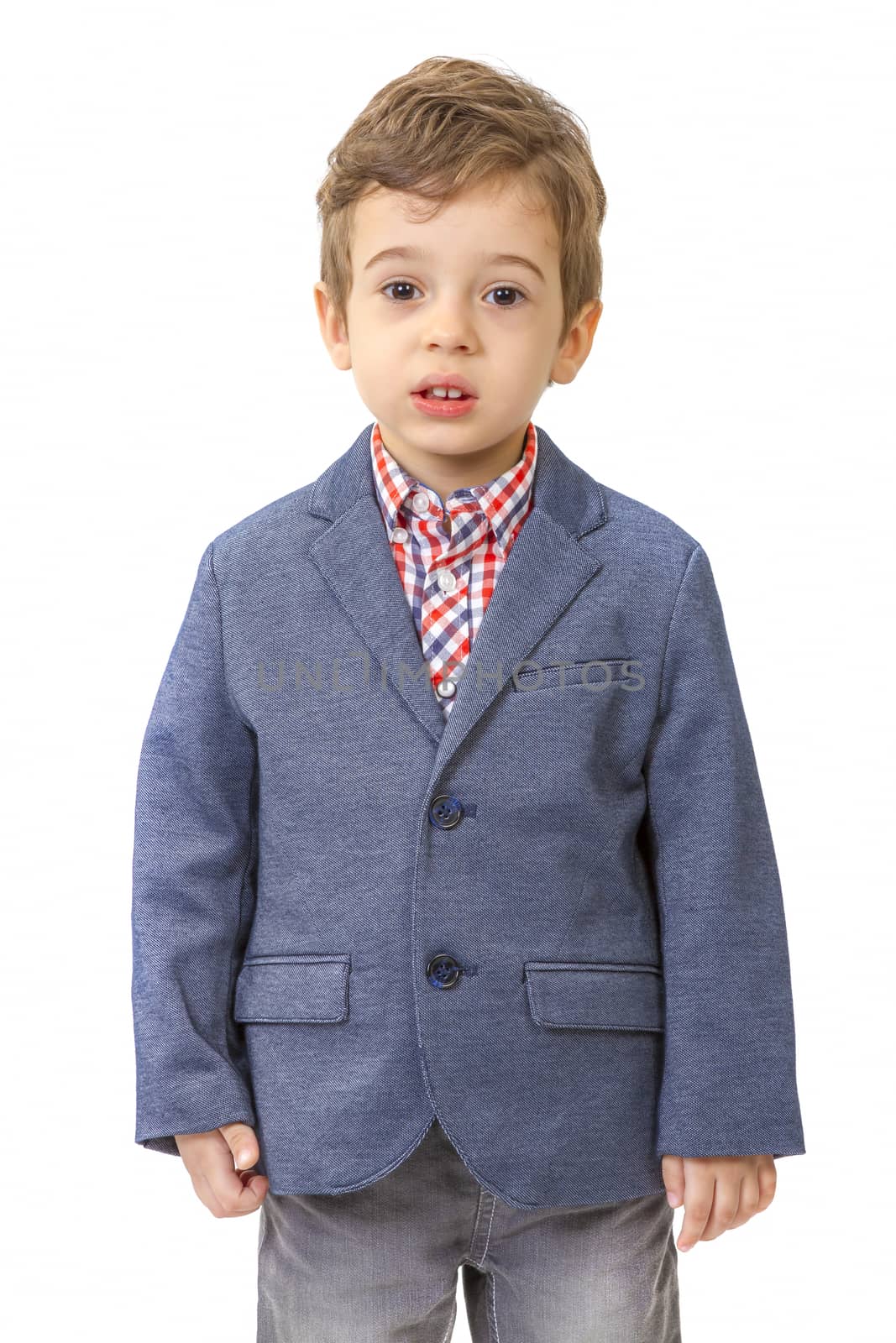 little boy with jacket on white by manaemedia