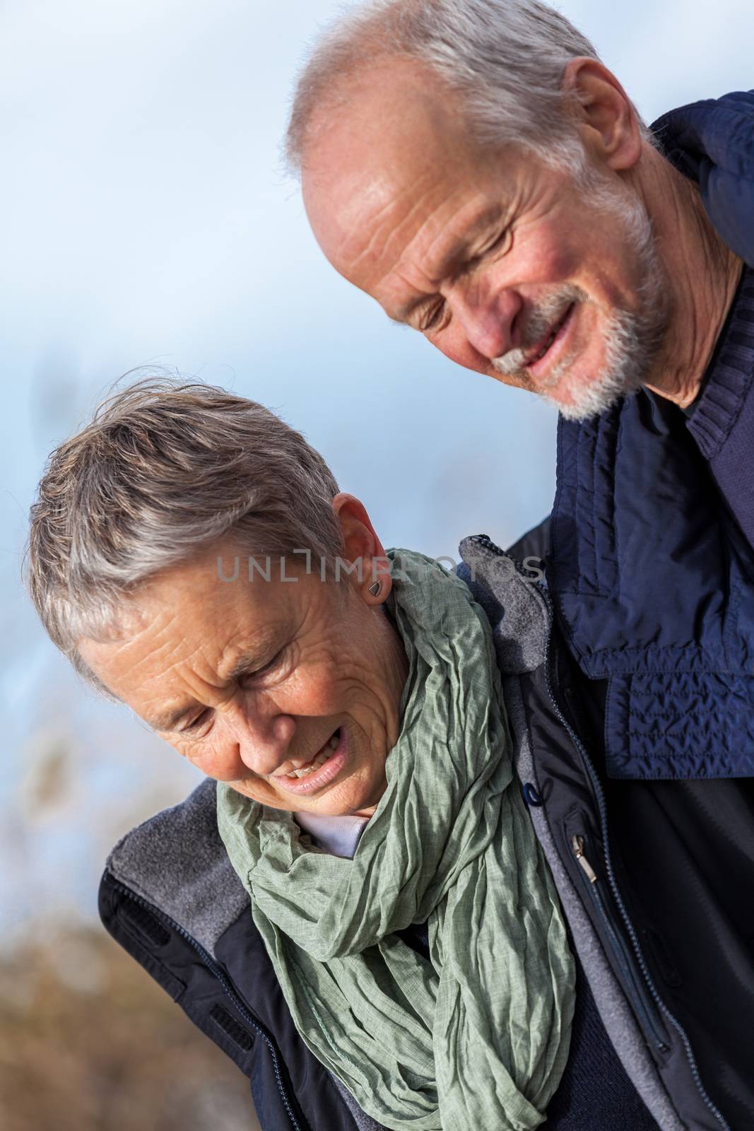 happy senior couple elderly people together outdoor in autumn winter