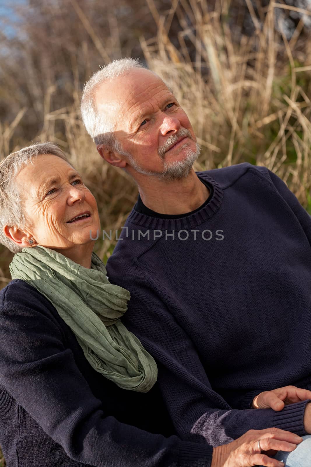 happy senior couple relaxing together in the sunshine on a wooden bench in the countryside with the one reclining full length on the seat with his head on his partners lap