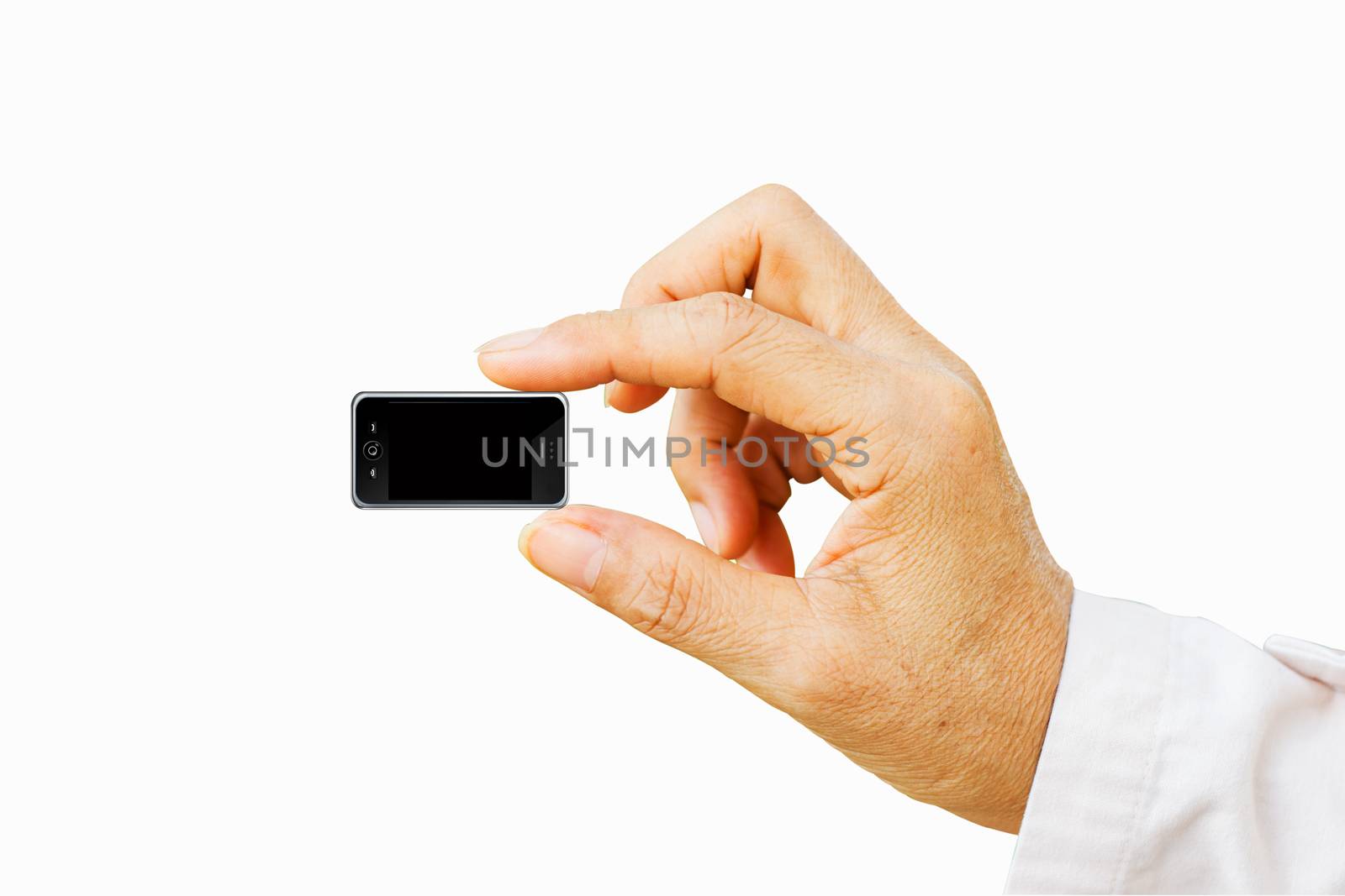 Hand holding very small mobile smart phone with black screen. Isolated on white. concept smart phone becomes smaller.