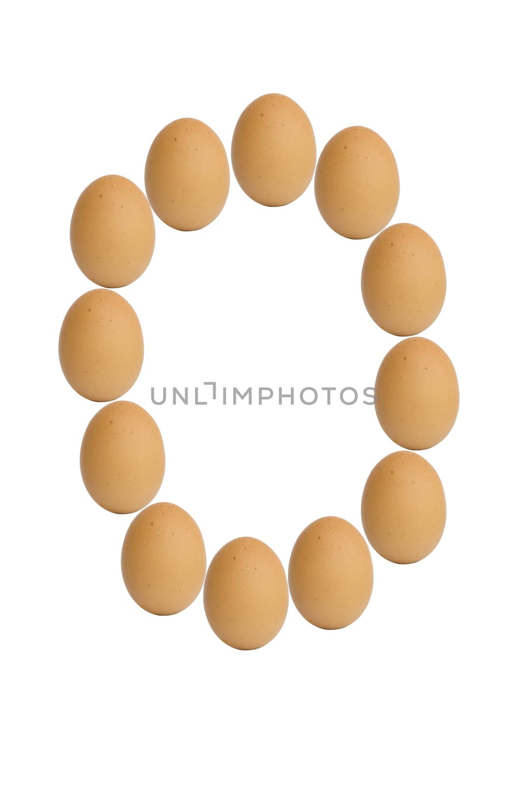 Number 0 to 9 from brown eggs alphabet isolated on white background, zero