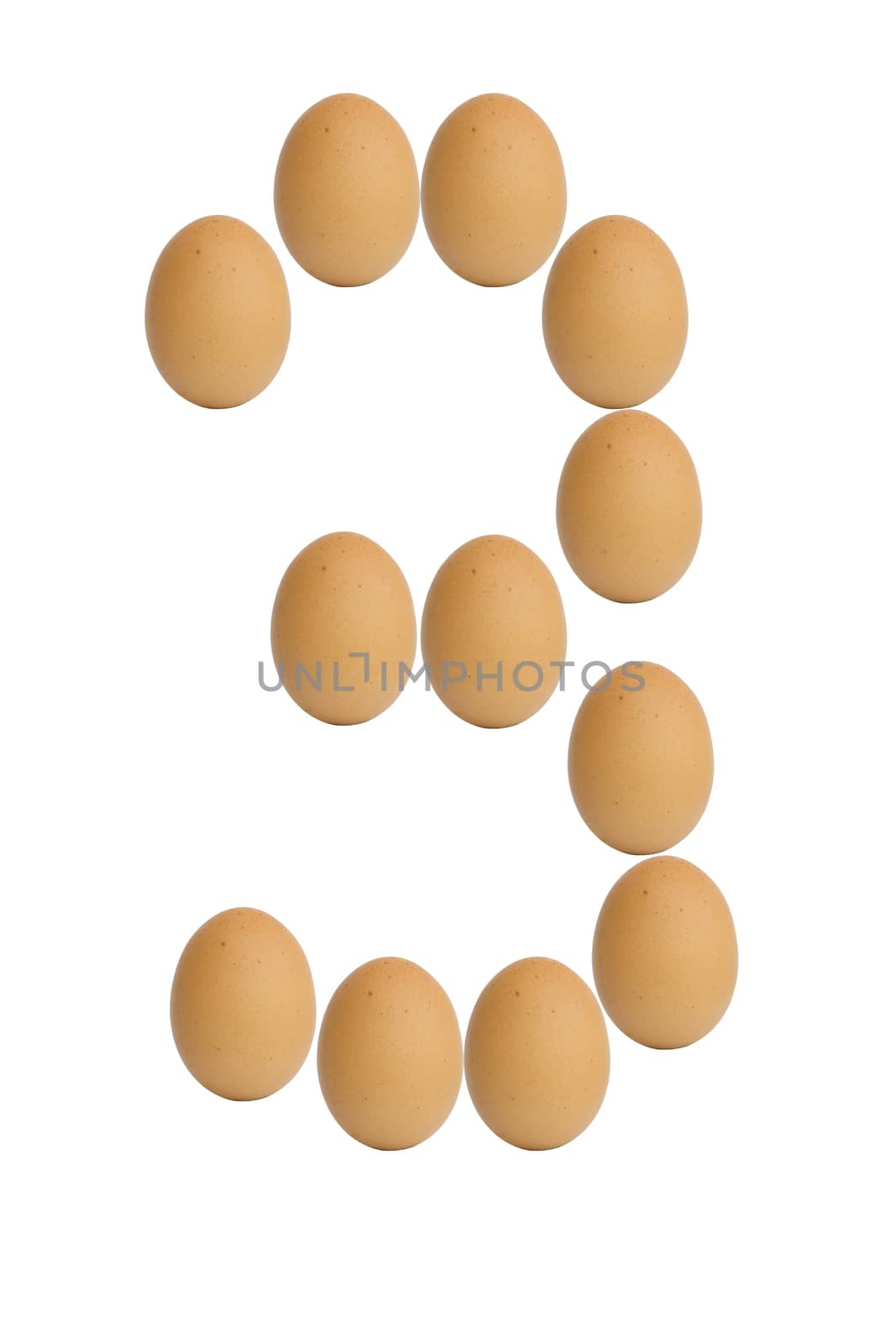 Number 0 to 9 from brown eggs alphabet isolated on white background, three