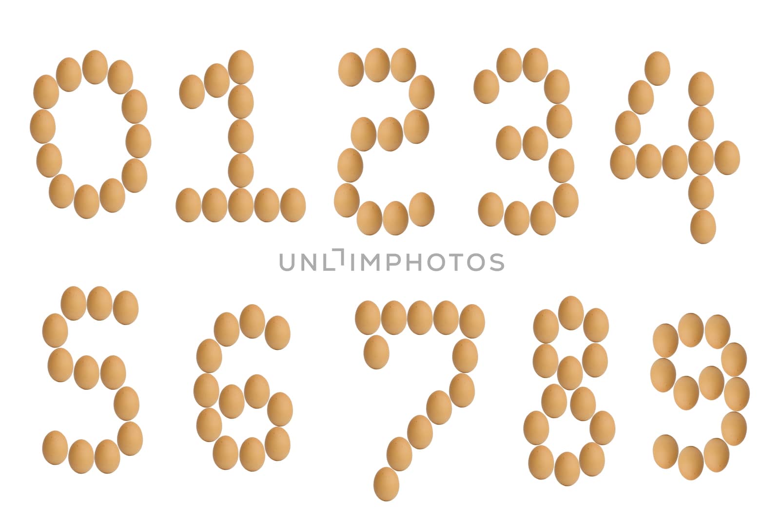 Number 0 to 9 from brown eggs alphabet isolated on white background.