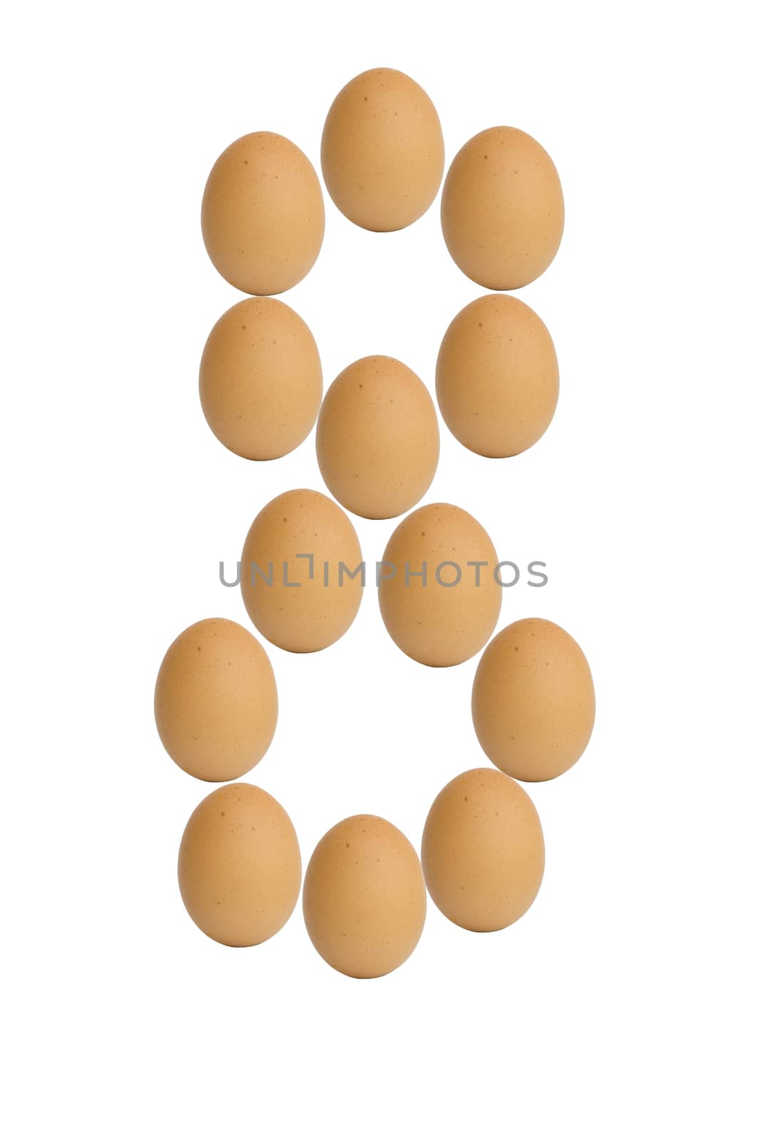 Number 0 to 9 from brown eggs alphabet isolated on white background, eight