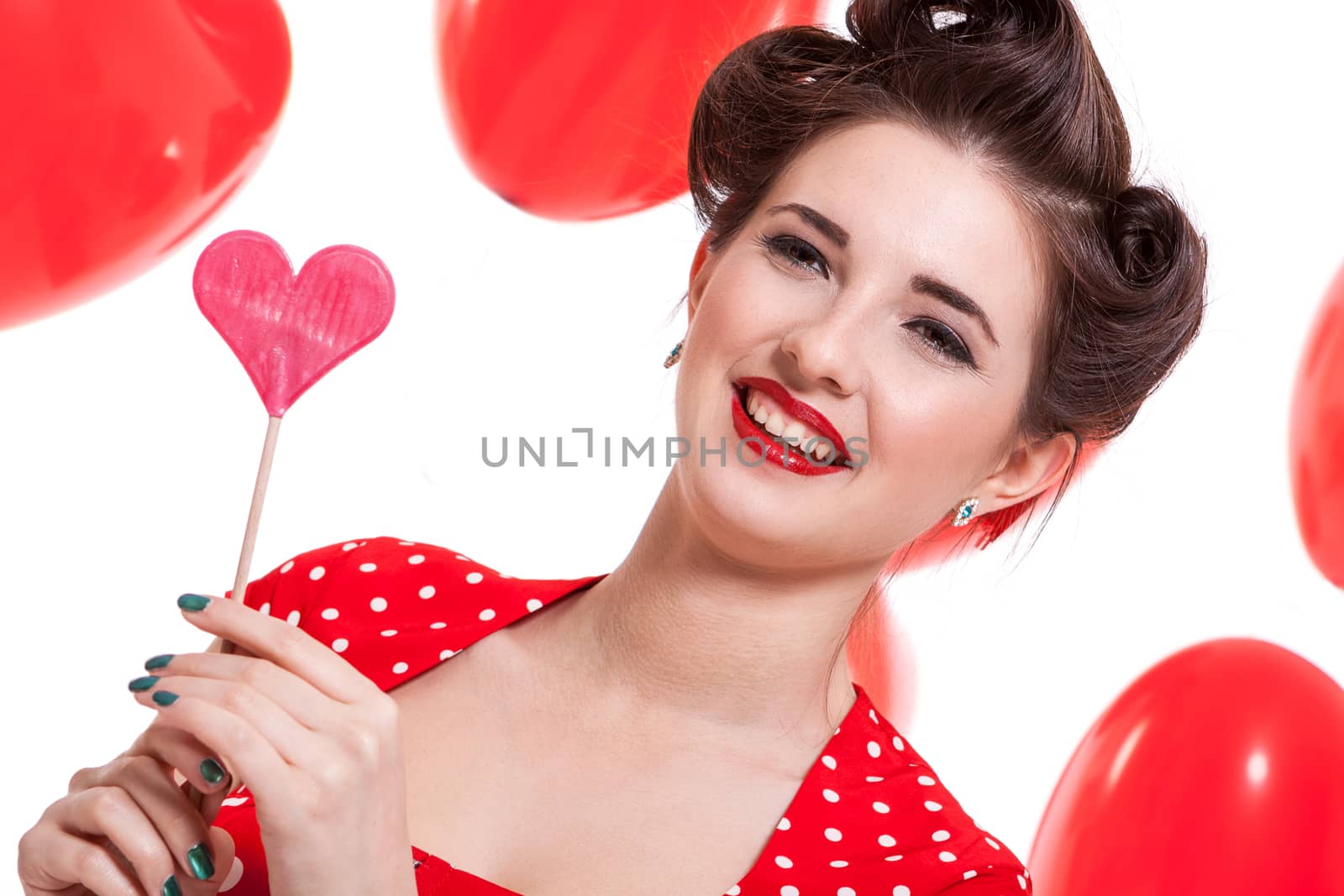 smiling young attractive girl woman with red lips hearts valentines day isolated love 