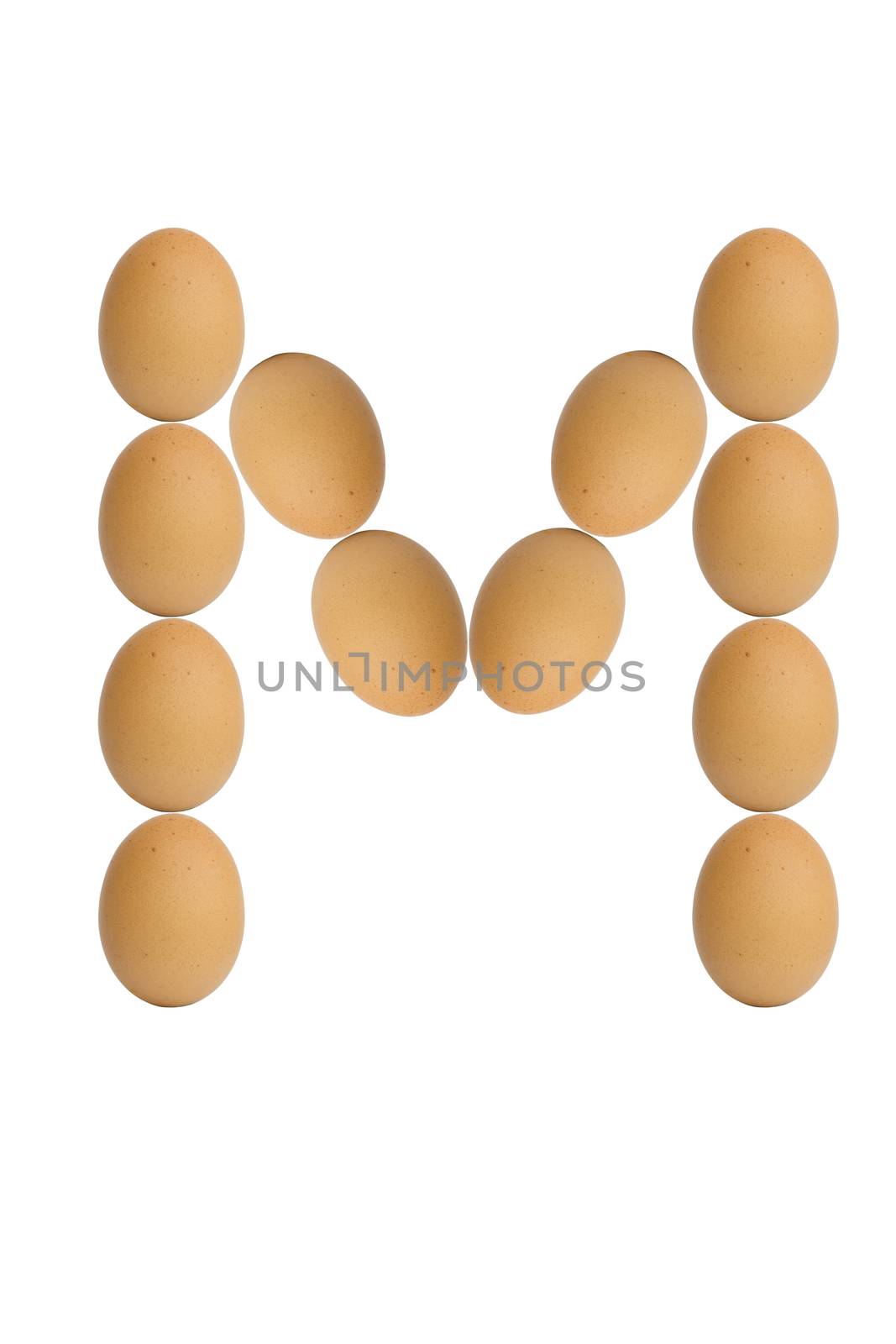 Alphabets  A to Z from brown eggs alphabet isolated on white background, M