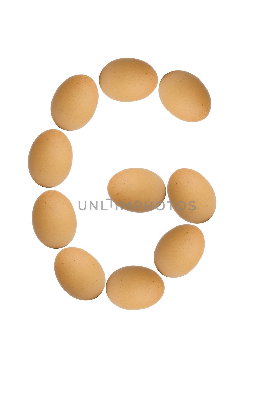 Alphabets  A to Z from brown eggs alphabet isolated on white background, G