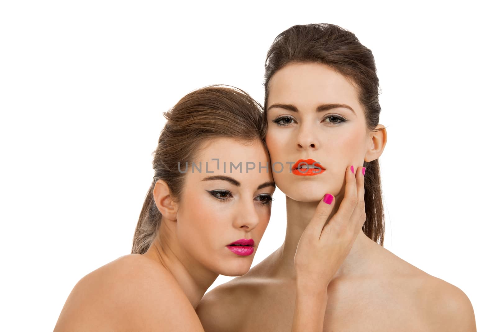 two attractive young woman with colorful lipstick portrait isolated