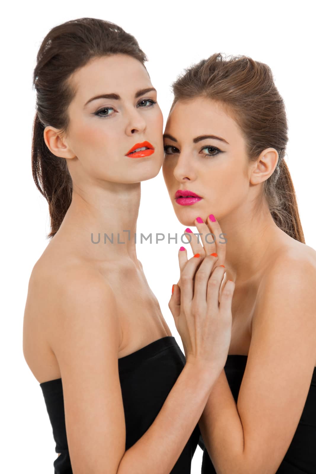 two attractive young woman with colorful lipstick  by juniart