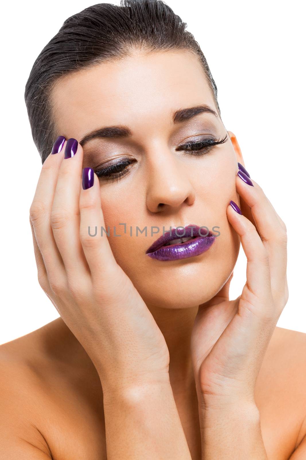 Graceful attractive woman with purple lips and nails by juniart
