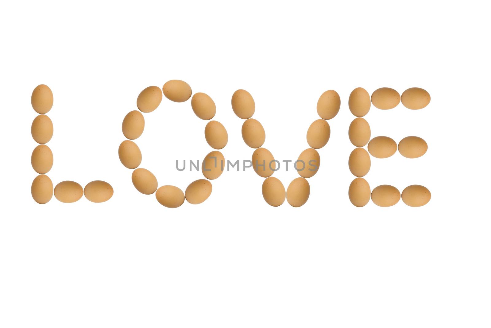 word love made of eggs, isolated on white background