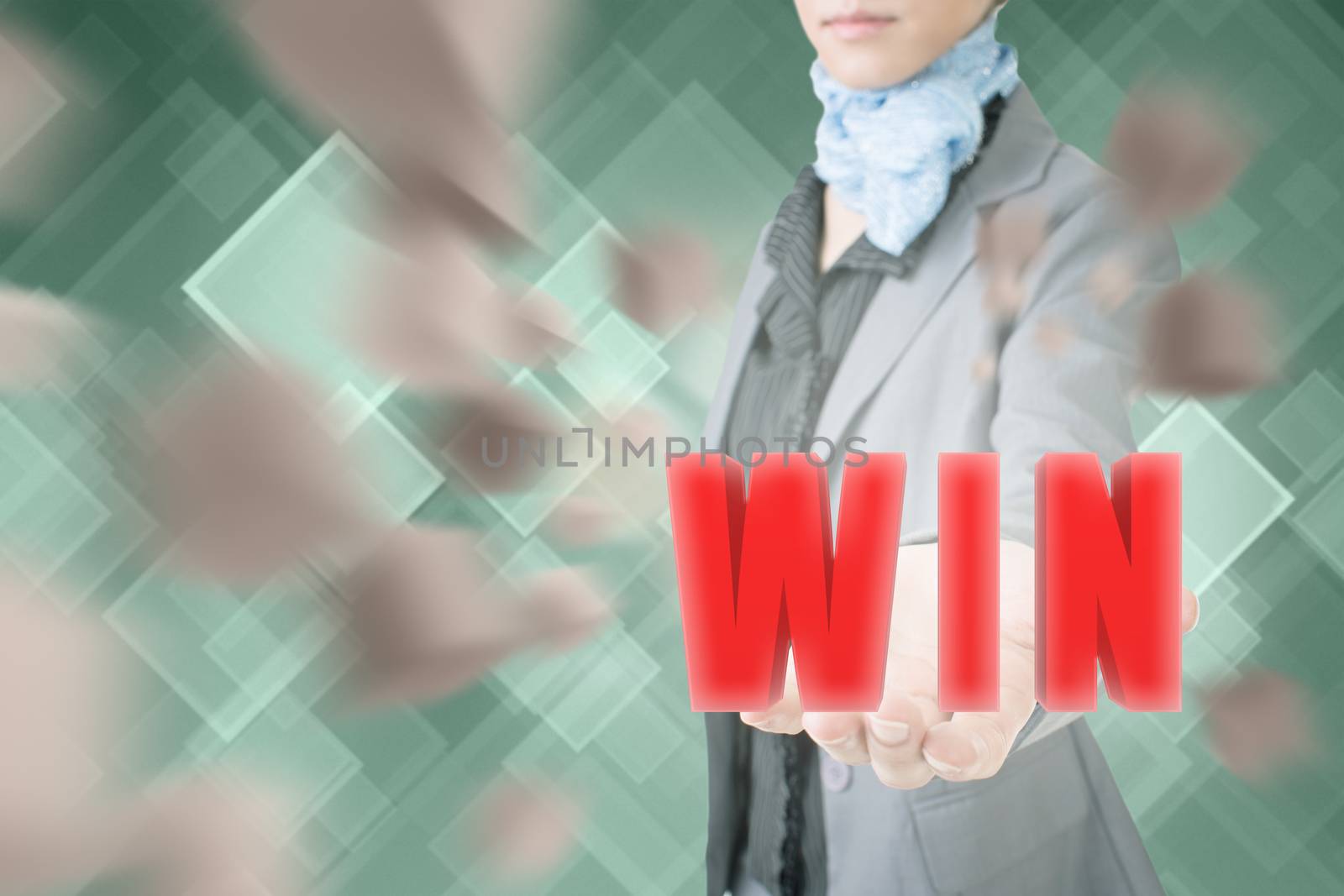Concept of win, business woman holding a 3d text.