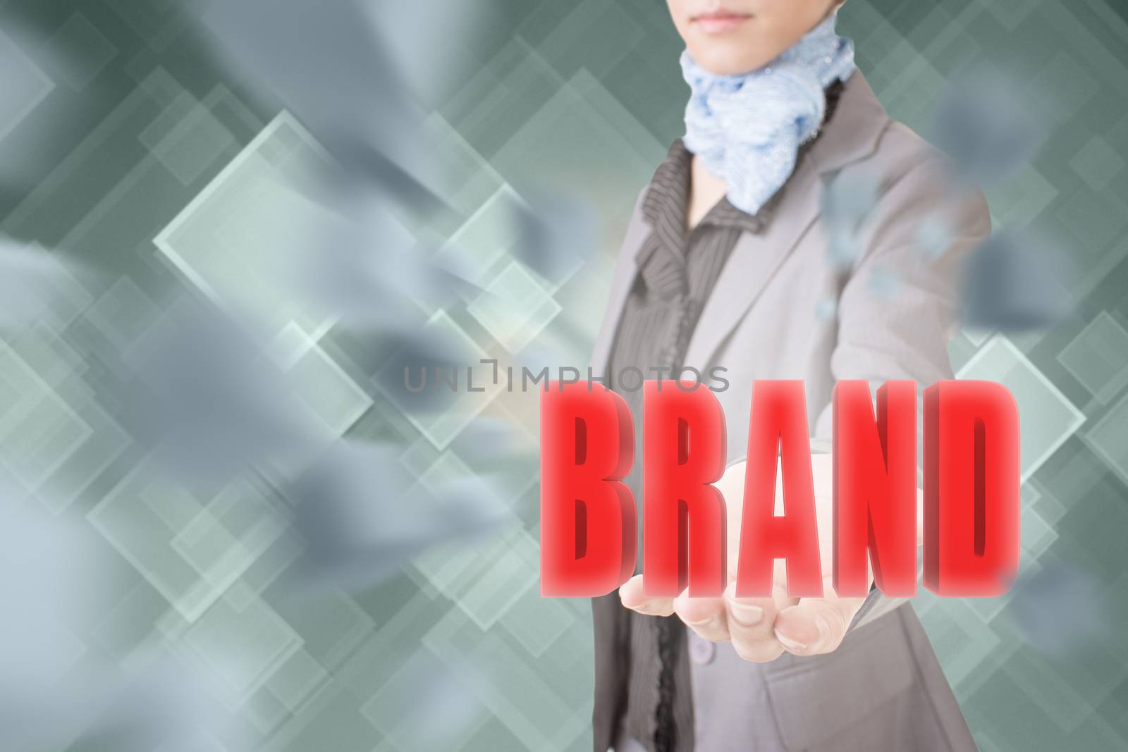 Concept of brand, business woman holding a 3d text.