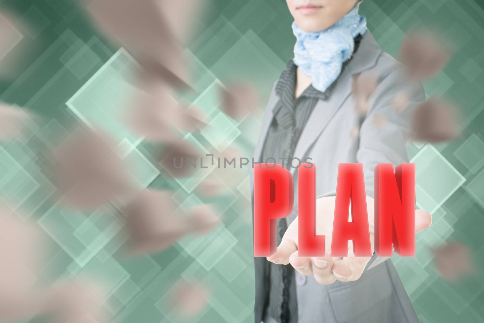 Concept of plan, business woman holding a 3d text.