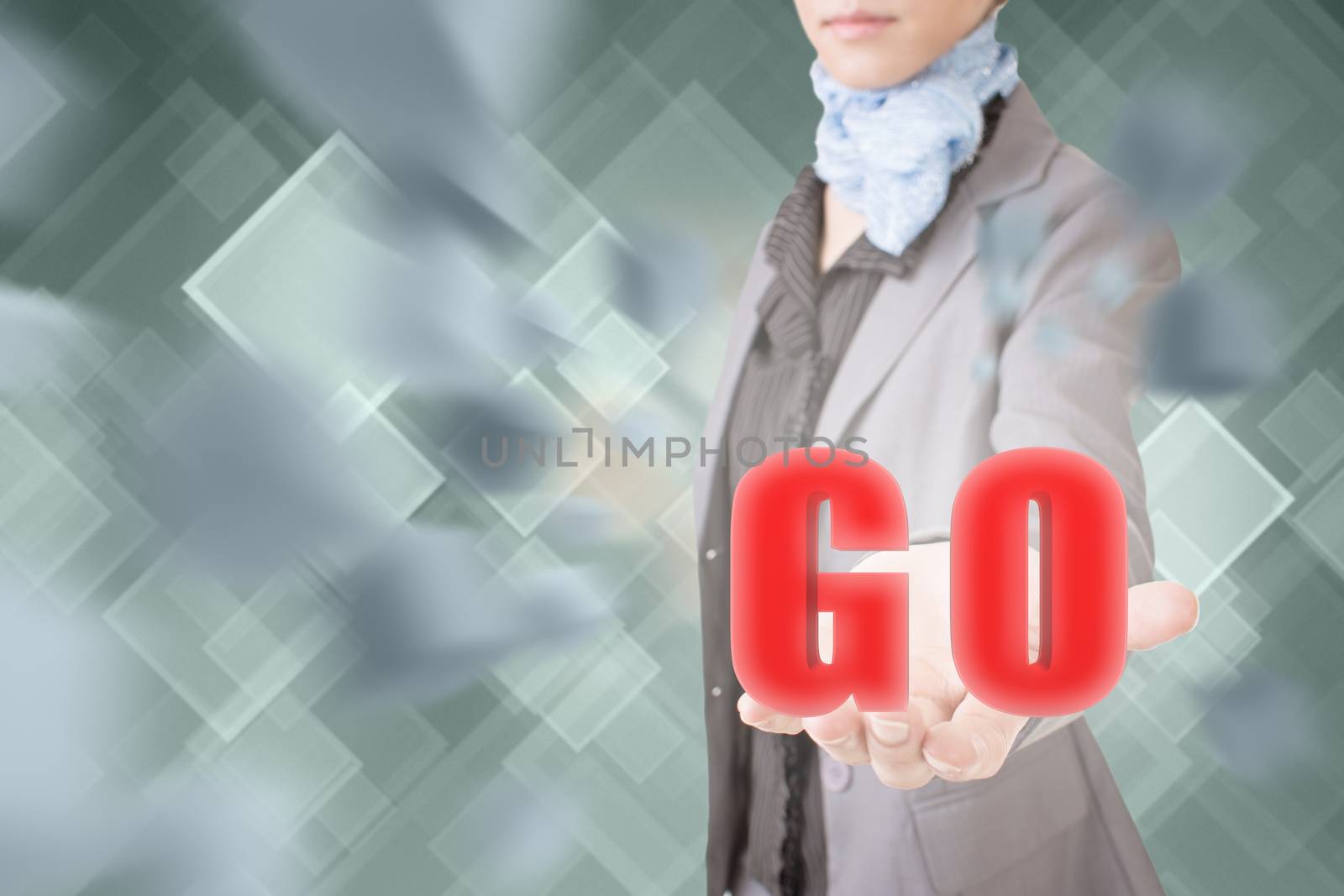Concept of go, business woman holding a 3d text.