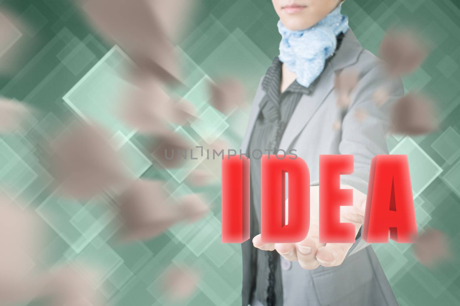 Concept of idea, business woman holding a 3d text.