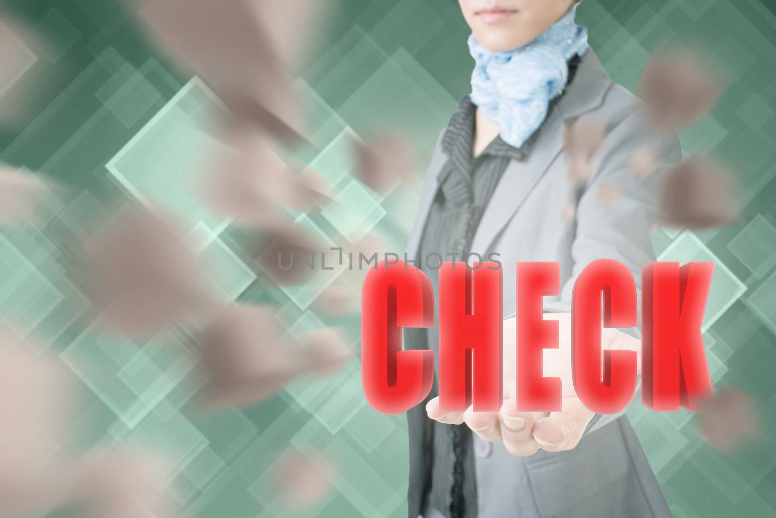 Concept of check, business woman holding a 3d text.